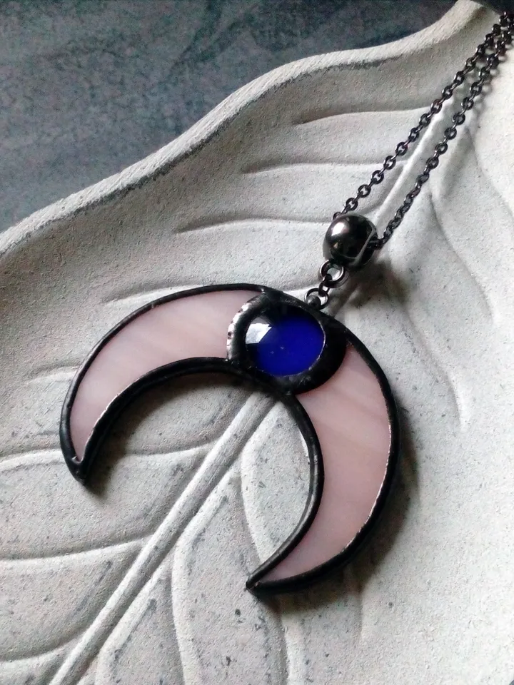 Stained glass moon, Mood stone crescent, Moon phase necklace, Stainglass crescent, Full moon