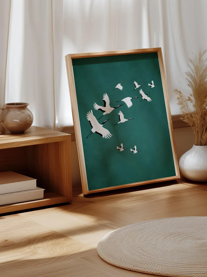 Emerald Cranes Wall Art Digital Print Japanese Style Gold Accent Bird Poster Maximalist Green Decor Eclectic living Room Artwork Gift poster