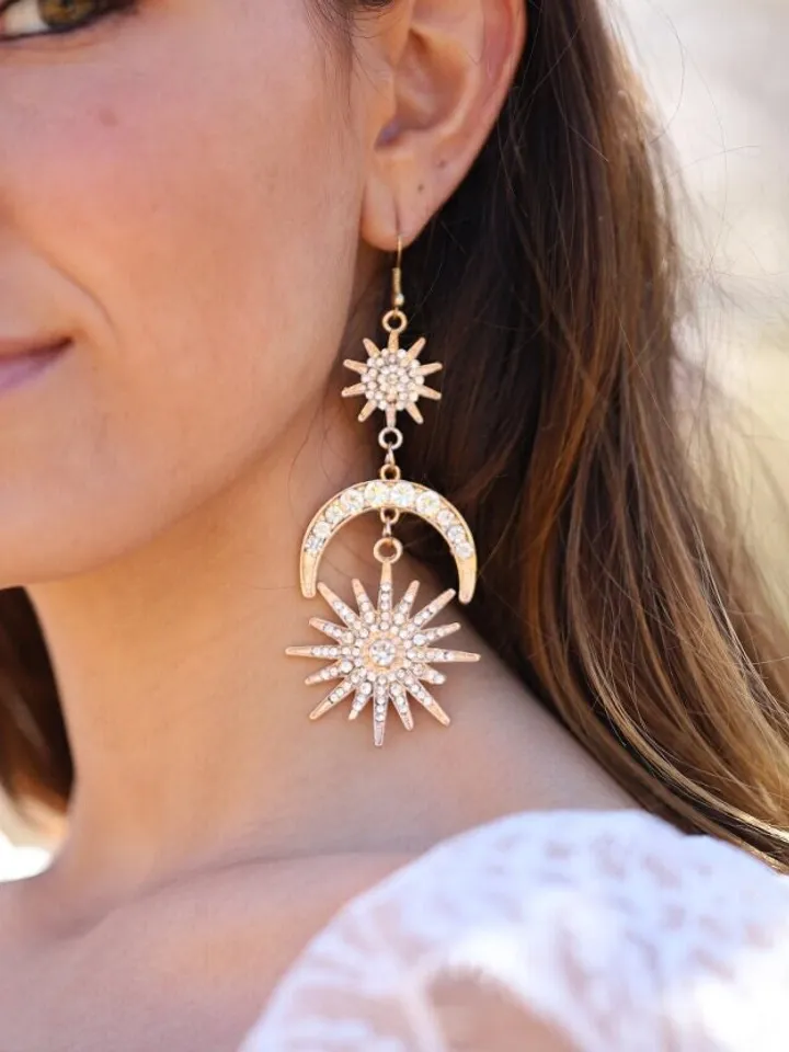 Extra Long Bohemian Bridal Earrings, Celestial Wedding Earrings, Sun Moon Star Earrings, Boho Wedding Jewelry, Statement Wedding Earrings