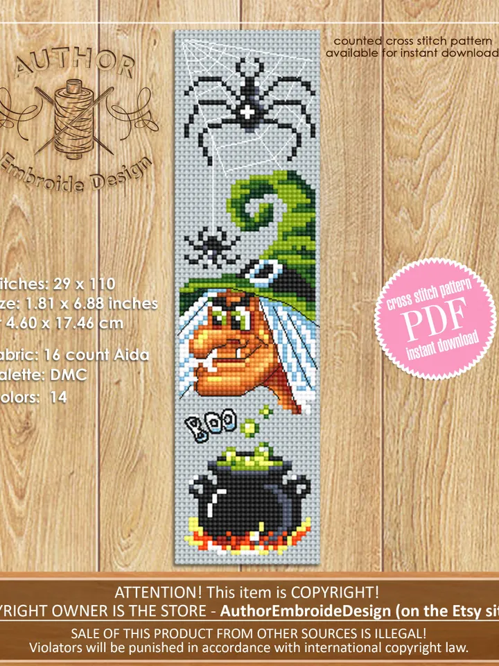Halloween bookmark cross stitch pattern PDF download Witch cross stitch chart, Handmade bookmark pattern digital, Magic witch potion #B220