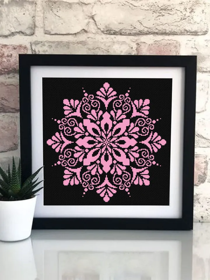 Easy mandala cross stitch pattern download PDF, Monochrome floral ornament cross stitch, Mandala pattern digital PDF, Beginner stitch #M91