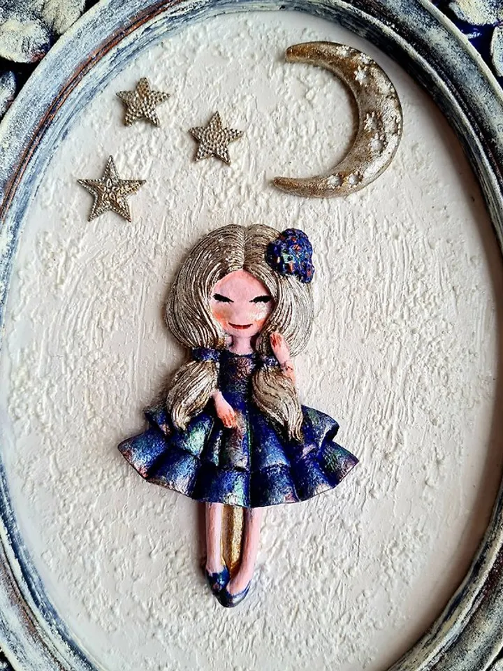 Ornate wall frame White wall decor Moon and Stars doll Girl wall art for nursery