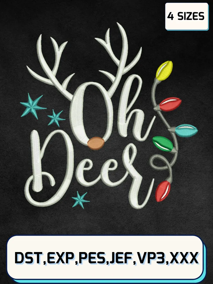 Oh Ceer Christmas Lights Reindeer Embroidery Design Files,Christmas Embroidery Designs,Machine Embroidery Files,4 Sizes