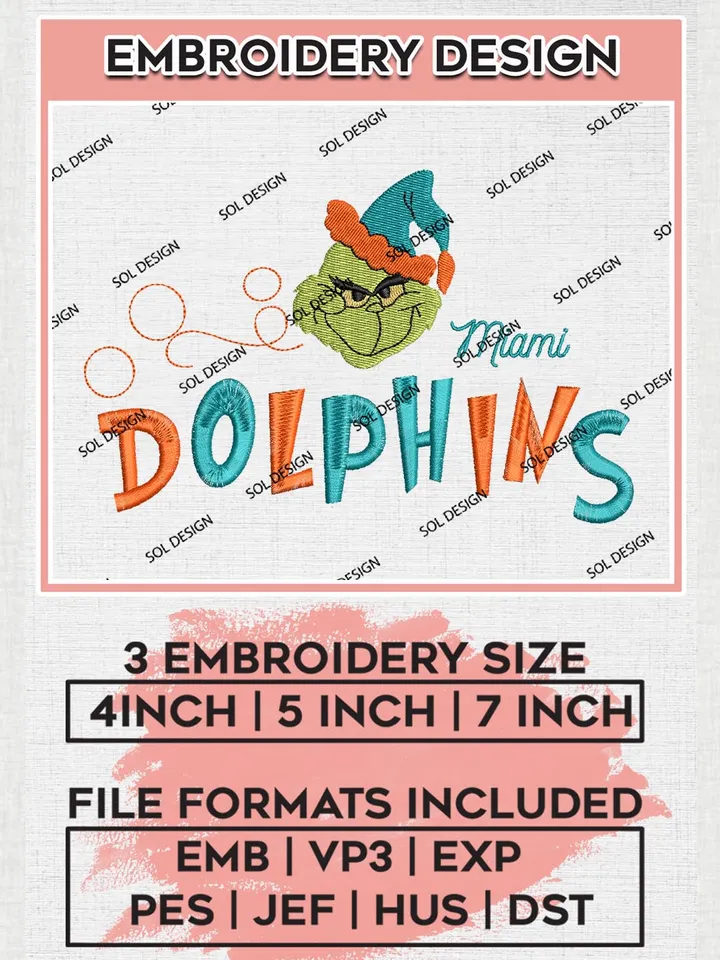Christmas Grinch Miami Dolphins Embroidery Designs, Grinch Embroidery Files, NFL Dolphins Machine Embroidery Designs, NFL Miami Dolphins Logo, NFL Christmas Machine Embroidery Design, Digital Download