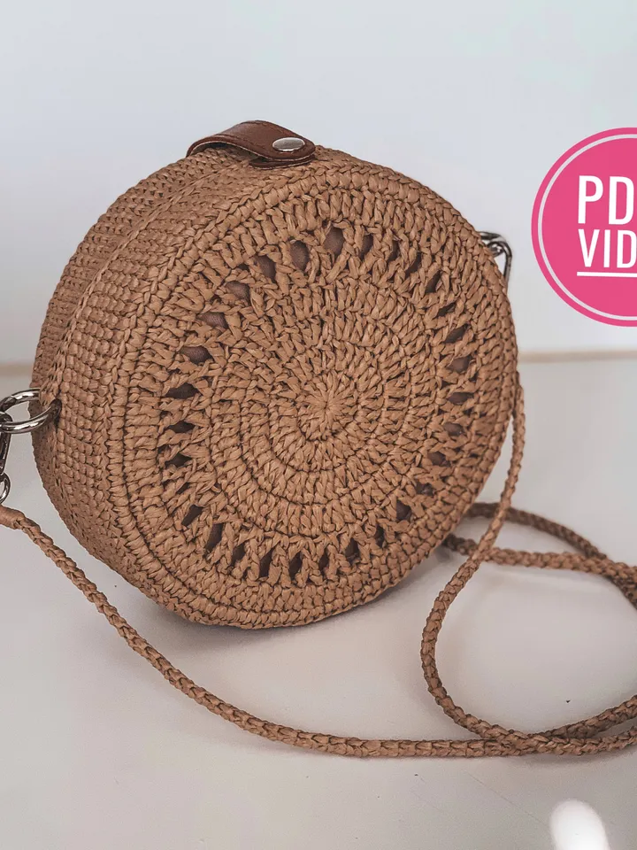 Crochet bag round with raffia yarn pattern PDF, digital instant download