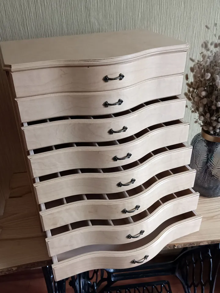 Floss storage cabinet for DMC floss bobbins and skeins, Stitching drawer box with curved faces in vintage style