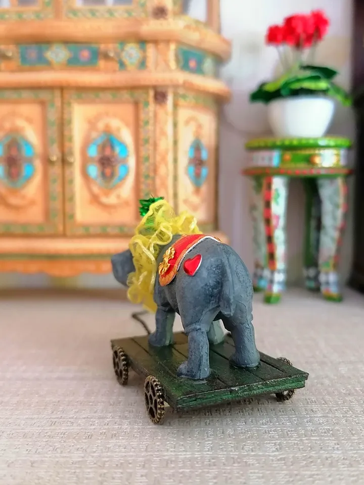 Hippo on a cart. Vintage toy. Circus toy.1:12 scale.