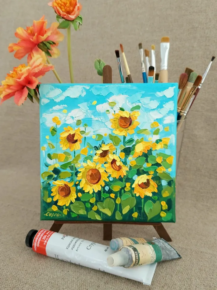 Sunflowers In The Field. Original Art. 6x6 inches.