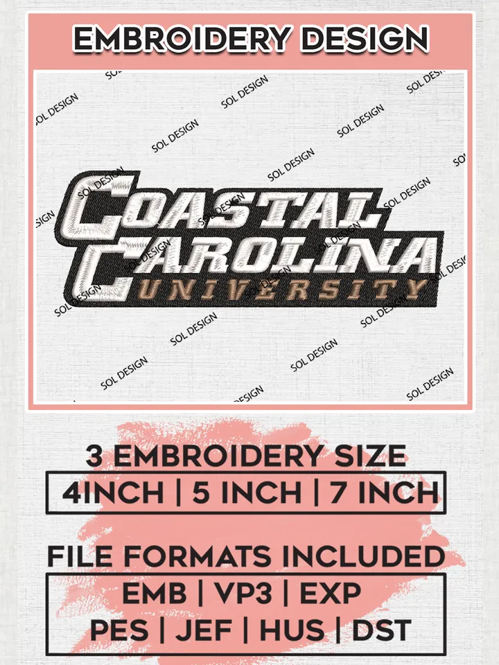 NCAA Coastal Carolina Chanticleers College Team Writing Logo Embroidery Design Files, NCAA Coastal Carolina Chanticleers Machine Embroidery, NCAA Teams, 3 sizes, NCAA Machine embroidery designs, Digital Download