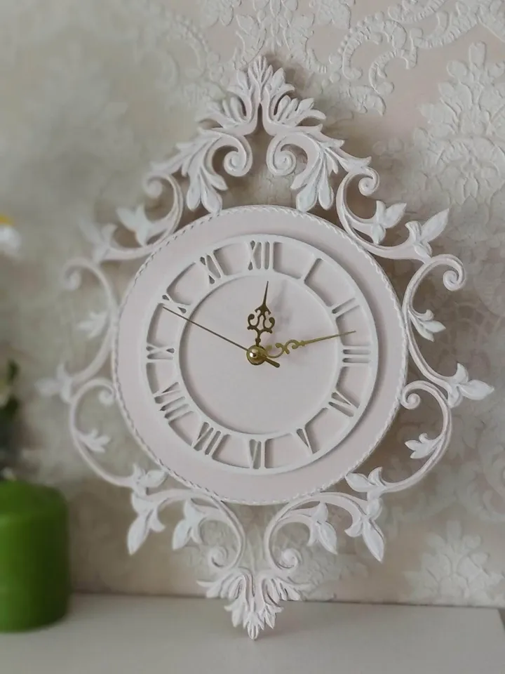 Small pink wall clock with white ornaments and roman numerals in vintage style Silent clock for bedroom, living room or nursery Gift for Christmas, Birthday, Mother's Day, Wedding, Housewarming