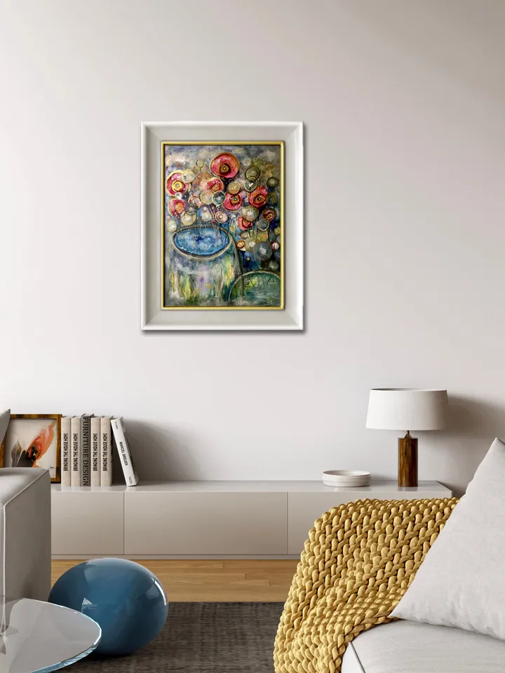 Foreign gardens-original watercolour mix media painting,fantasy flowers wall art,floral landscape,wall decoration,unique gift.