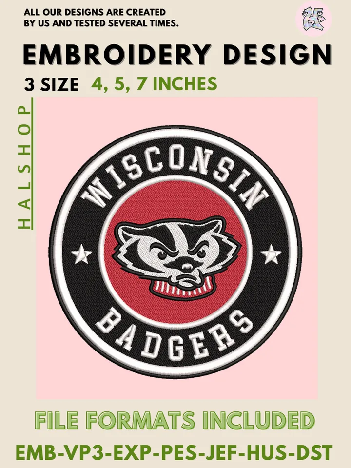 NCAA Wisconsin Badgers Round Logo Embroidery, NCAA Wisconsin Badgers Logo Embroidery Files, Machine Embroidery Designs, Digital Download