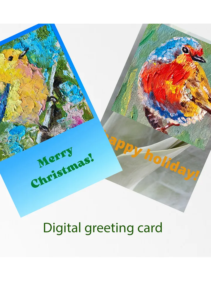 Set of greeting cards, Merry Christmas card, Digital download original art, Owl Goldfinch Robin, 5 cards, Holiday card