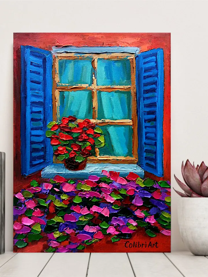 Window Painting Italy Original Art Flower Painting Geranium Floral Art Italian Colorful Small Art 12"x 8" By Colibri Art