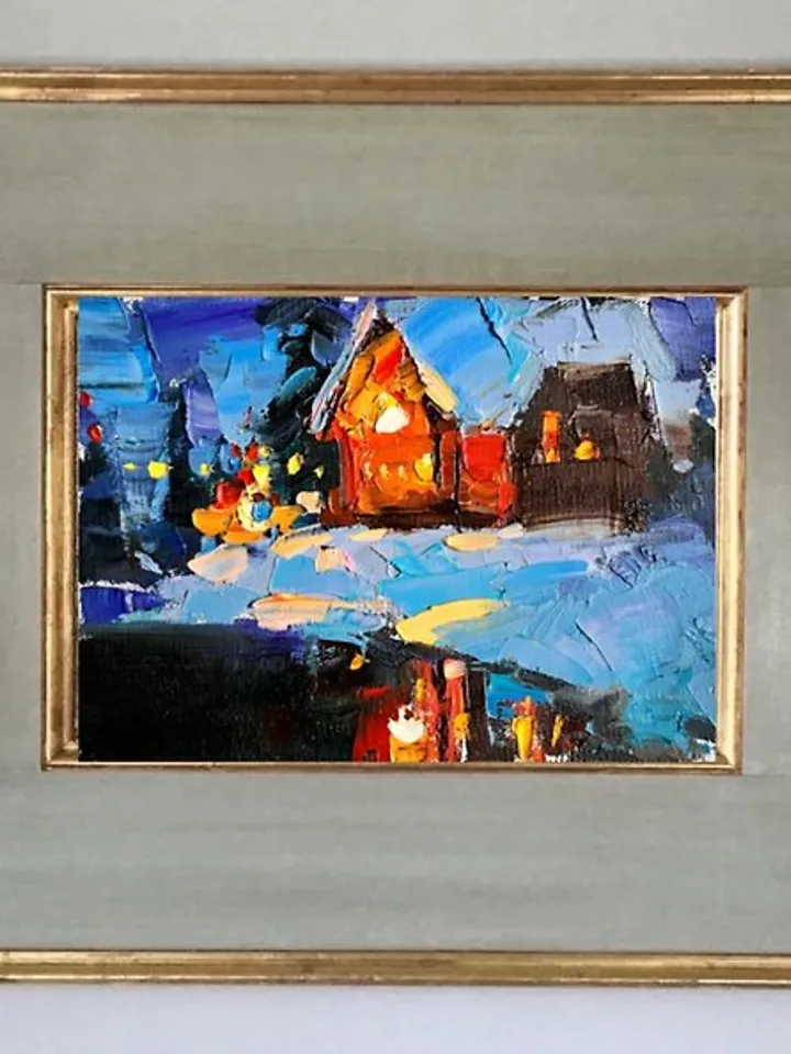 House Painting Original Art forest art Night Landscape Winter