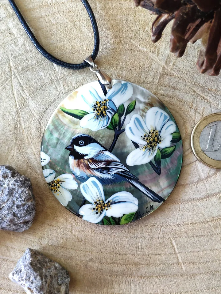 Pearl pendant necklace: Sparrow in wild roses on dainty handmade pendant • Elegant bird and floral necklace • Cute disc necklace for dress