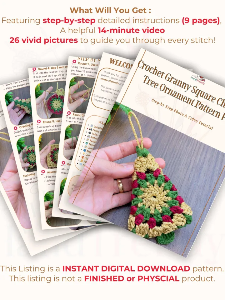 Crochet Granny Square Christmas Tree Ornament Pattern PDF, Vintage-Inspired Crochet Ornament Pattern for Holiday Decor