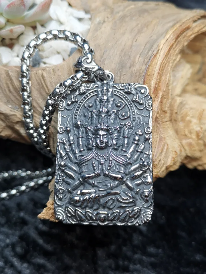 Gandhanra Handmade Titanium Steel Amulet Tag Necklace,Chenrezig,Padmapani,Avalokitesvara, Tibetan Buddhist Jewelry,Protection Necklace
