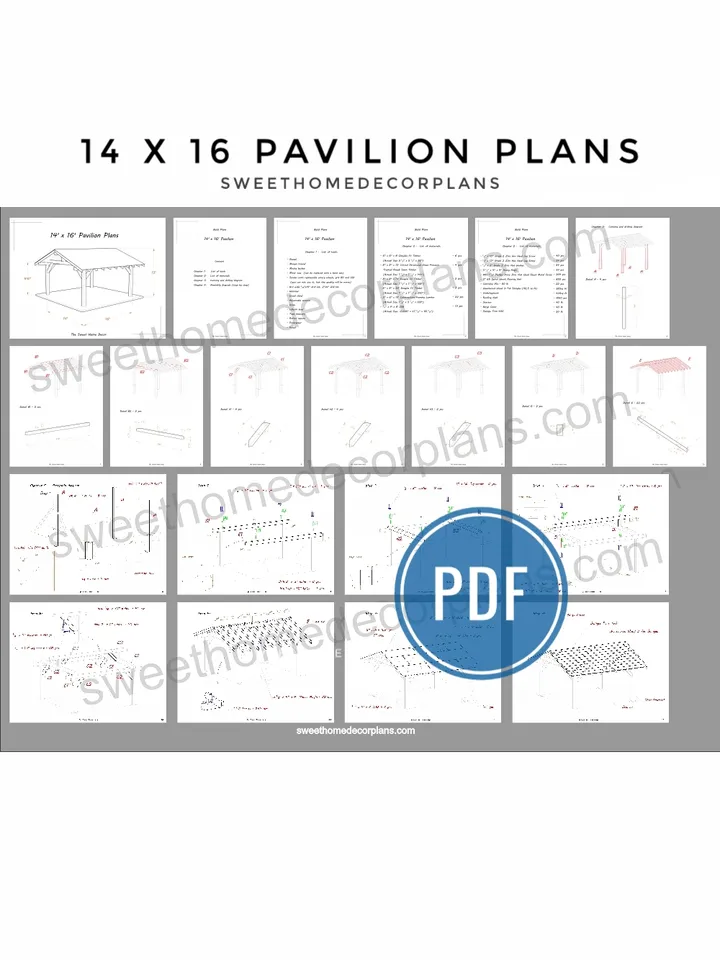 Diy 14 x 16 gable pavilion plans pdf. Carport plans. Pergola patio plans. Backyard pavilion plans for outdoor. Wooden gazebo plans.