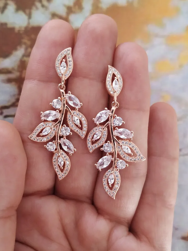 Full Zircon Rose Gold Leaf Wedding Earrings, Art Deco Jewellery Chandelier Statement Earrings, Vintage Style Floral Floral Wedding Jewelry,