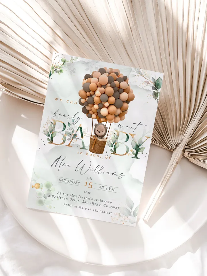 Teddy Bear Hot Air Balloon Baby Shower; We can bearly wait; Editable Teddy Bear Ballons Baby Shower; Neutral Gender Baby Shower Invitation