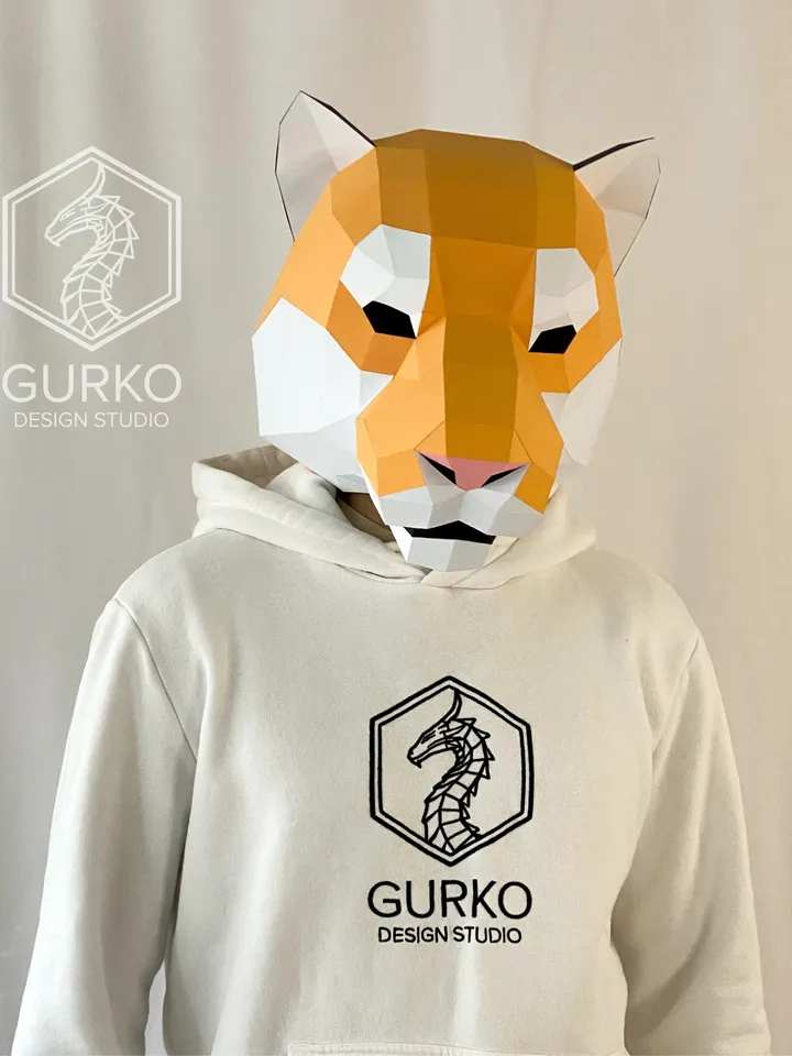 Tiger Mask Papercraft, Cat, Digital Template, PDF Download, Gurko, 3D Low Poly Animal Mask, DIY Origami, Pepakura, Paper Mask, DIY Costume