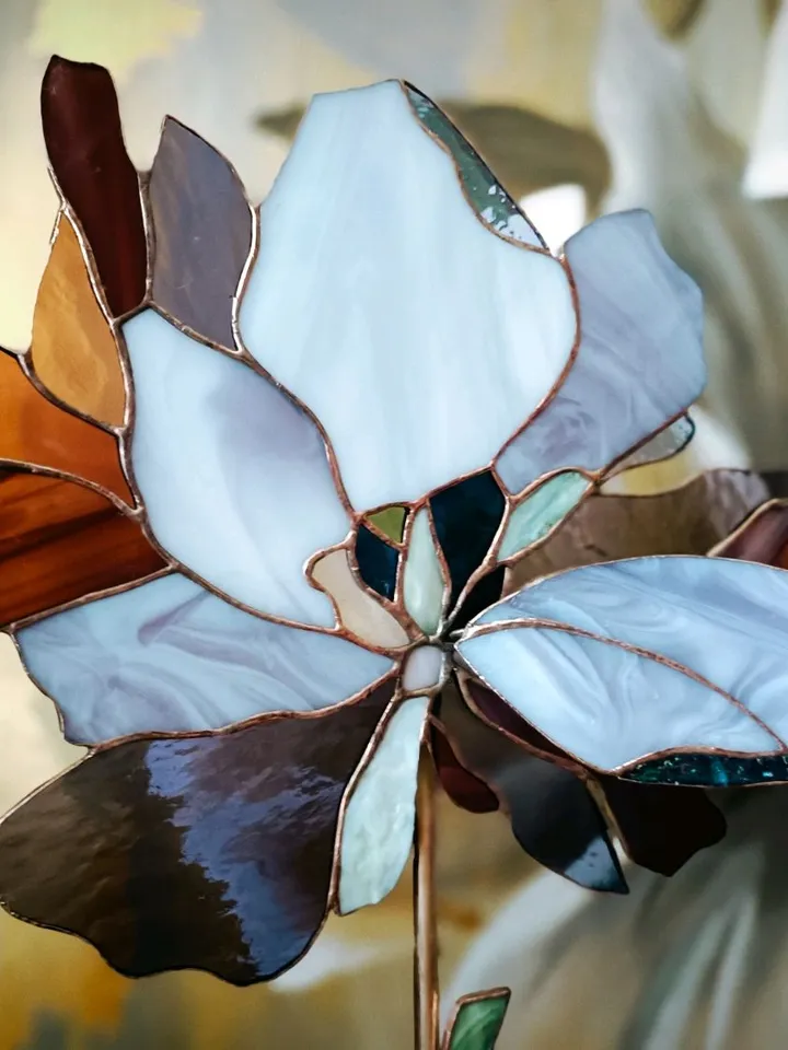 Peony. Stained Glass on a Stand, Peony Stained Glass Sculpture, Peony Tiffany Glass Panel on a Stand, Decorative Peony Glass Flower on a Brass Base, Peony Art Glass on Cast Stone Stand, Peony Stained Glass Decor Piece