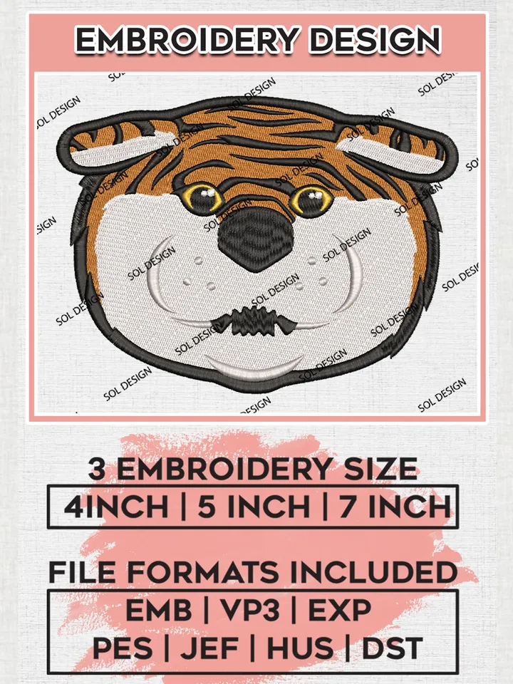 LSU Tigers NCAA College Team Head Mascot Logo Embroidery Design Files, NCAA LSU Tigers Machine Embroidery, NCAA Teams, 3 sizes, NCAA Machine embroidery designs, Digital Download