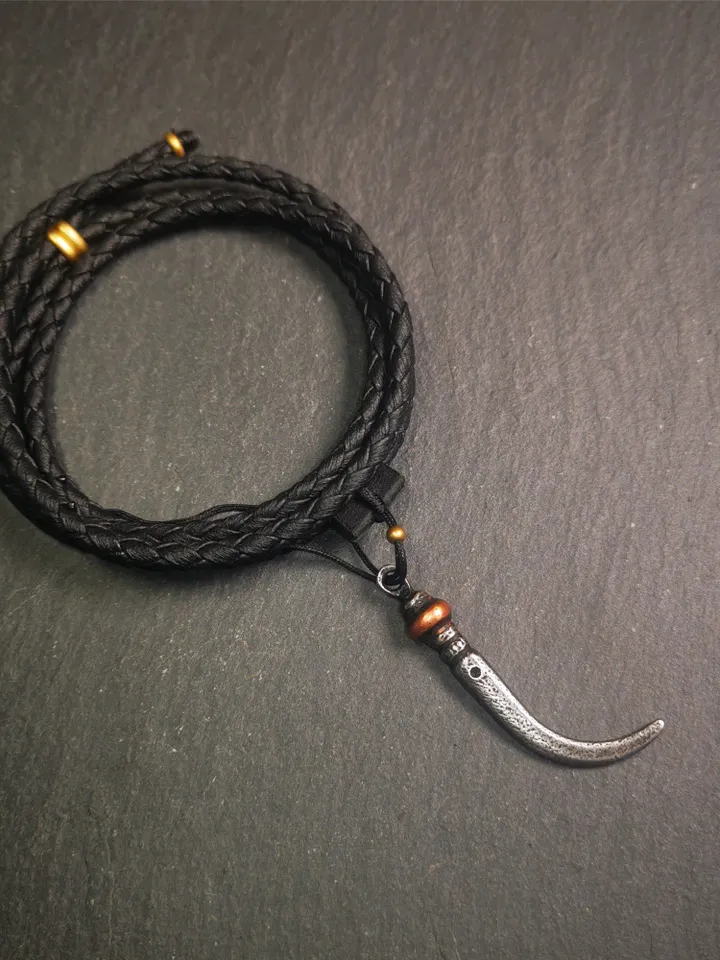 Gandhanra Handmade Tibetan Amulet ,Wolf Tooth Pendant with Leather Cord,Made of Cold Iron inlaid Copper,1.77"