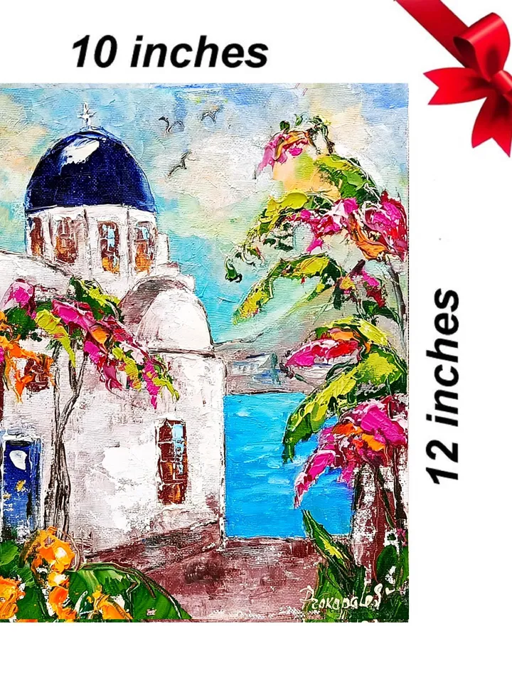 Santorini Painting Greece Original Art 12x10 Impasto Oil Painting Oia Greece Bougainville Wall Art Flower Artwork by ArtProkopaloSv