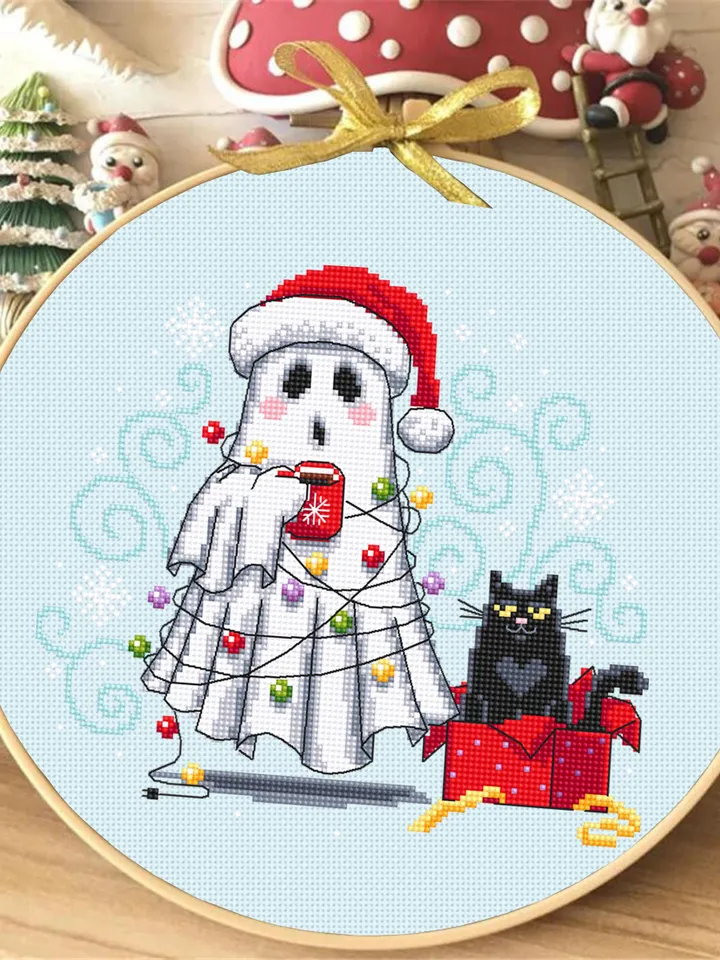 Christmas ghost with black cat cross stitch pattern PDF instant download Cute ghost cross stitch chart, Christmas pattern digital PDF #N151