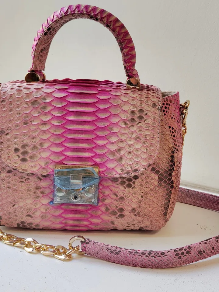 Genuine python top handle bag / designer bag / exotic leather bag / baby pink multicolor summer bag / snake print designer classy purse