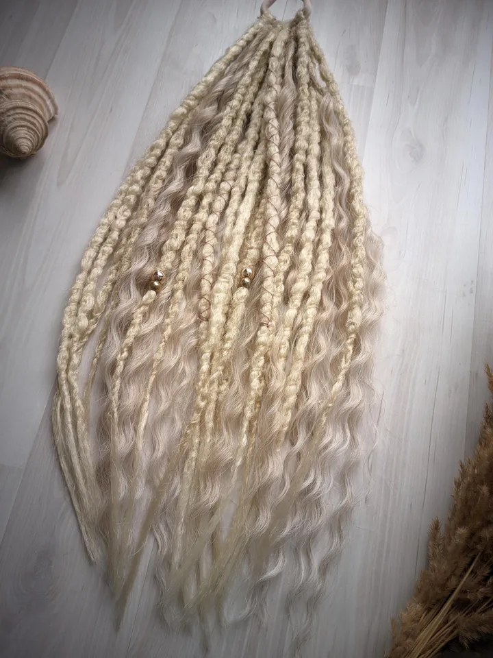 Blonde Dreads with Loose Waves on Elastic Hair Ties Featuring Curly Accents and Gold Beads for Boho Beach or Festival Styles