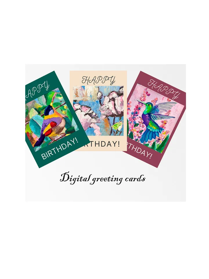 Digital greeting cards, Set of 3 Birthday card with bird, Goldfinch, Hummingbird, Abstract Flower Printable cards