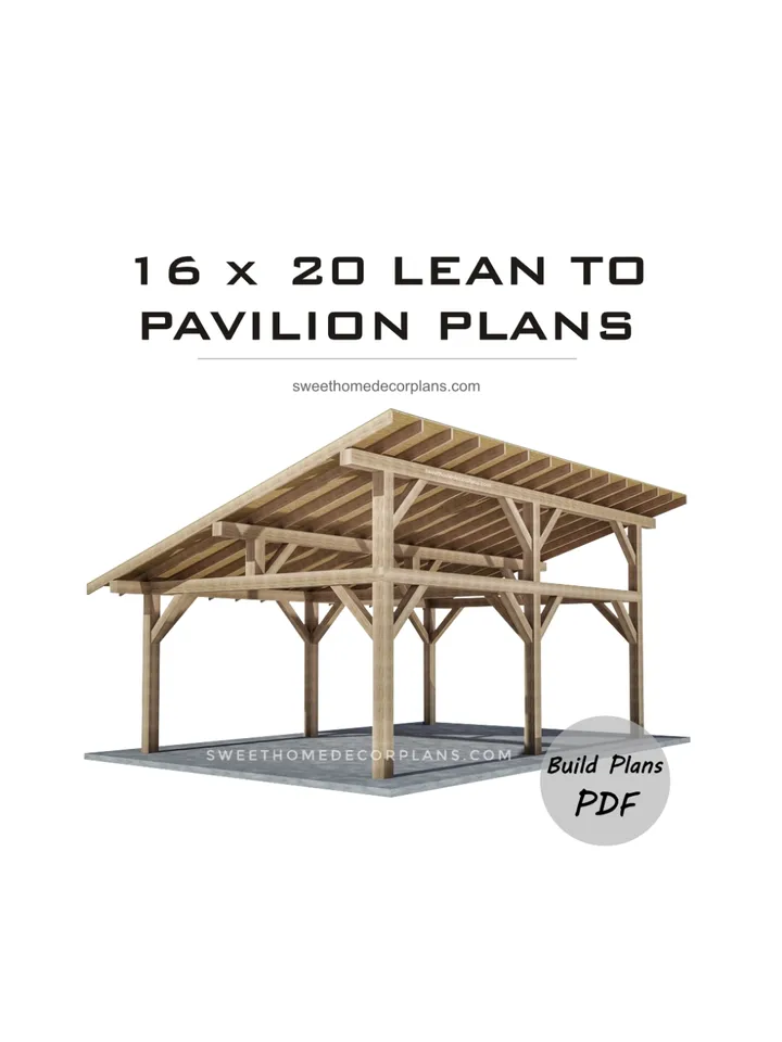 DIY 16 x 20 lean to pavilion plans pdf. Detached carport plans. Wooden covered gazebo outdoor plans. Timber frame backyard garage plans.