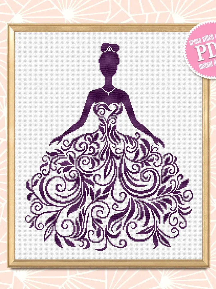 Wedding Dress cross stitch pattern download PDF Silhouette bride cross stitch chart, Monochrome cross stitch mandala dress, Home decor #M193