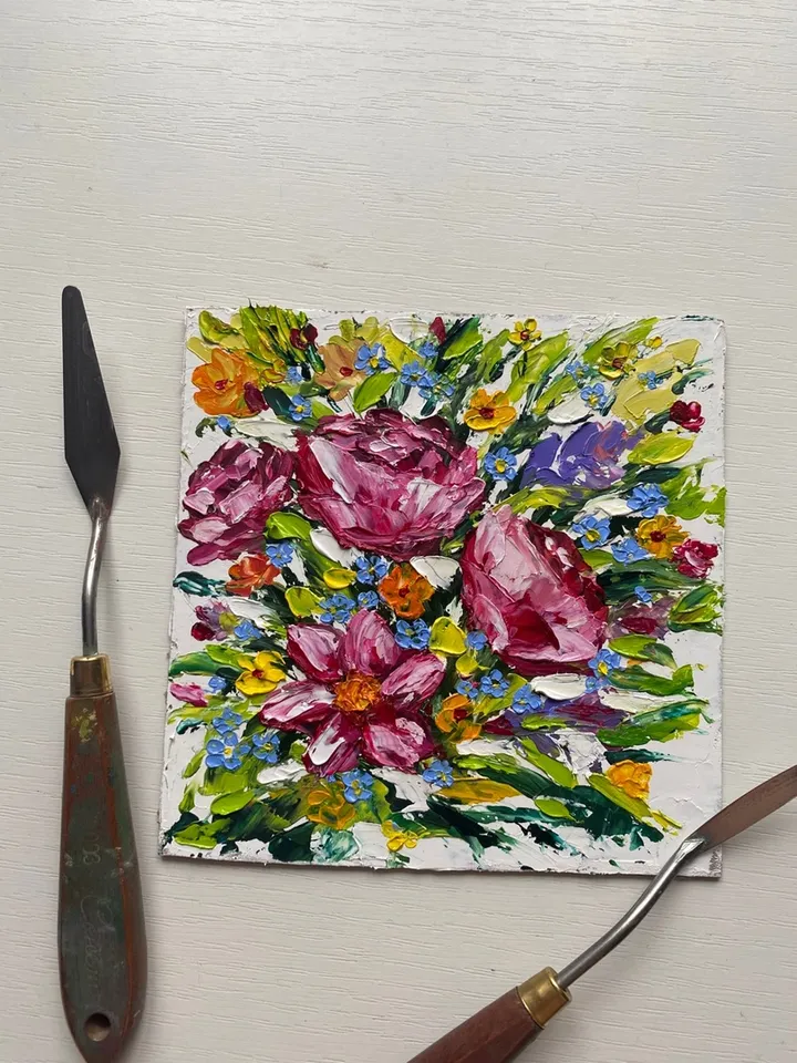 Flowers in a meadow, oil painting on cardboard made with a palette knife, impasto - a unique gift.
