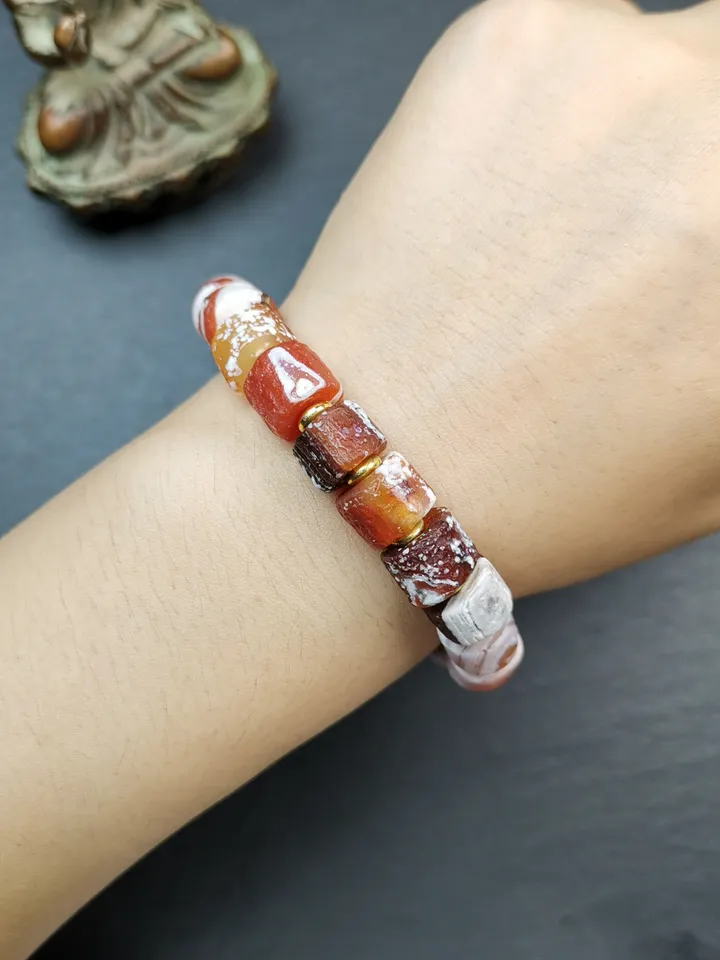 Gandhanra Tibetan Sugar Agate Beads Wrist Mala, Unique 11mm Cylinder Carnelian Bracelet