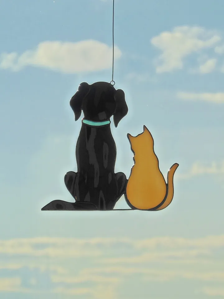 Dog and Cat , Retriever Labrador , Art stained glass hanging . Gift animal lover , pet loss memorial , Golden , black , white , gray , beige