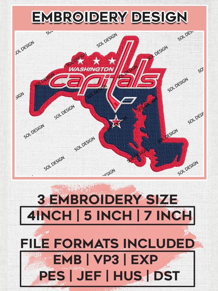 Washington Capitals Maps Logo Embroidery Files, NHL Washington Capitals Team Embroidery Designs,  NHL Embroidery Designs, NHL Machine Embroidery Designs, Digital Download