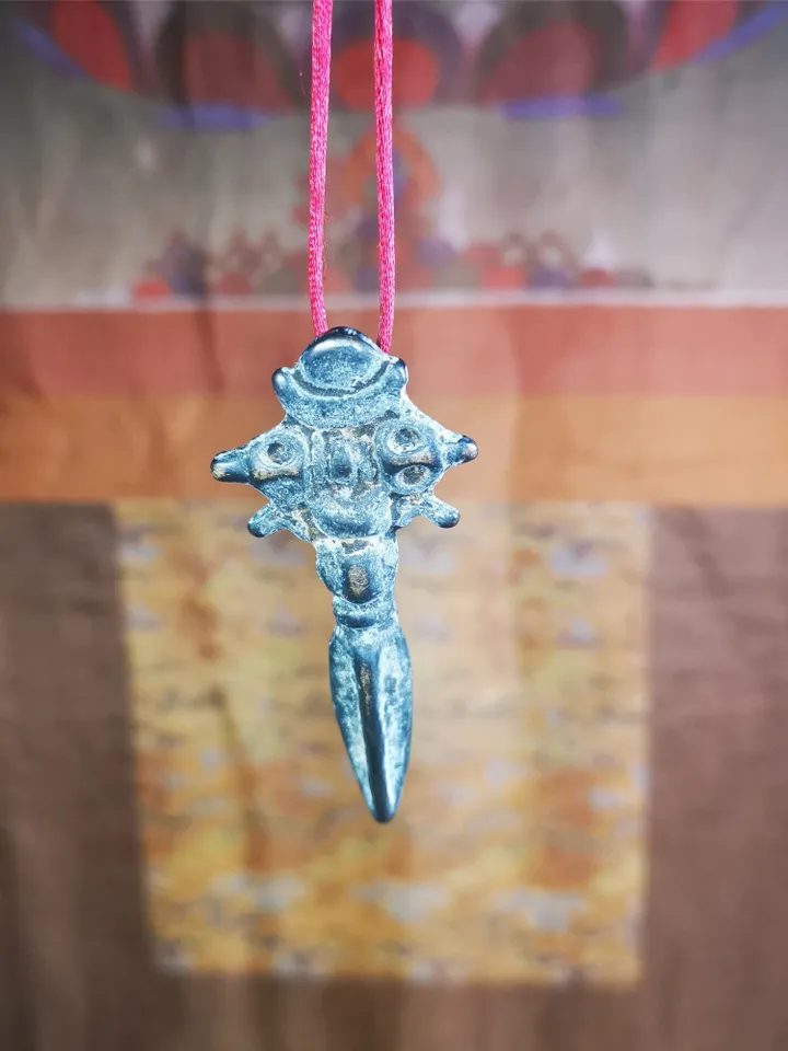 Gandhanra Antique Tibetan Amulet Necklace,Cross Vajra Phurba,Kila(Dorje Phurba) ,Made of Thokcha,70 Years Old,2.36"