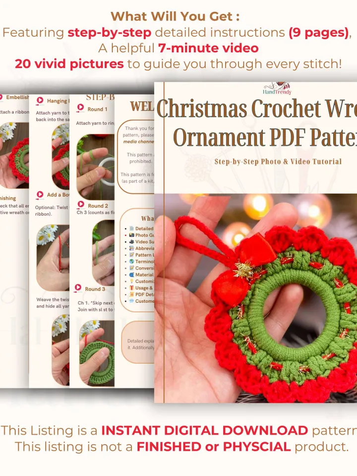 Christmas Crochet Wreath Ornament PDF Pattern – Easy DIY Holiday Decoration, Red & White Crochet Wreath with Pearls and Bow