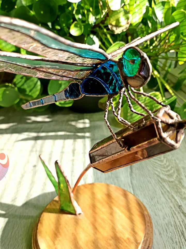 3D Stained Glass Dragonfly Mounted on Cattail Tabletop Sculpture Unique Luxury Gift Realistic Glassworks Antique Feel Contemporary Folk Art