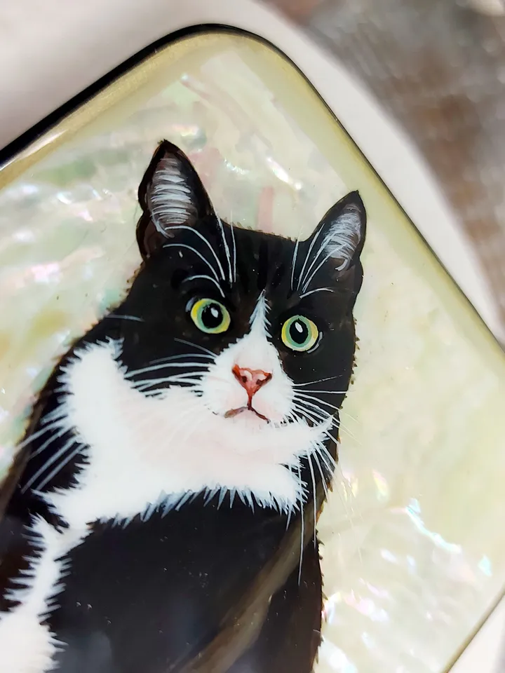 Beautiful Russian Lacquer Box "Black Cat" 2.76*3.54.Fedoskino Mother of pearl Hand painted.jewelry box.Gift for cat lovers.Art gifts.For her