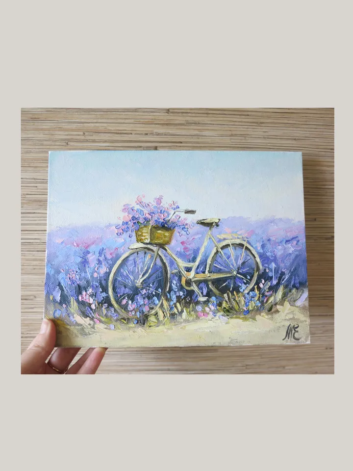 Original Oil Painting Vintage Bicycle with Lavender Home Decor and Inspiration