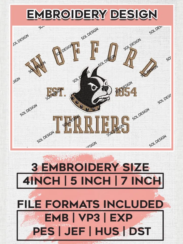 Wofford Terriers Est 1854 Embroidery Designs, NCAA Wofford Terriers Team Embroidery, NCAA Team Logo, 3 sizes, Machine embroidery Files, Digital Download