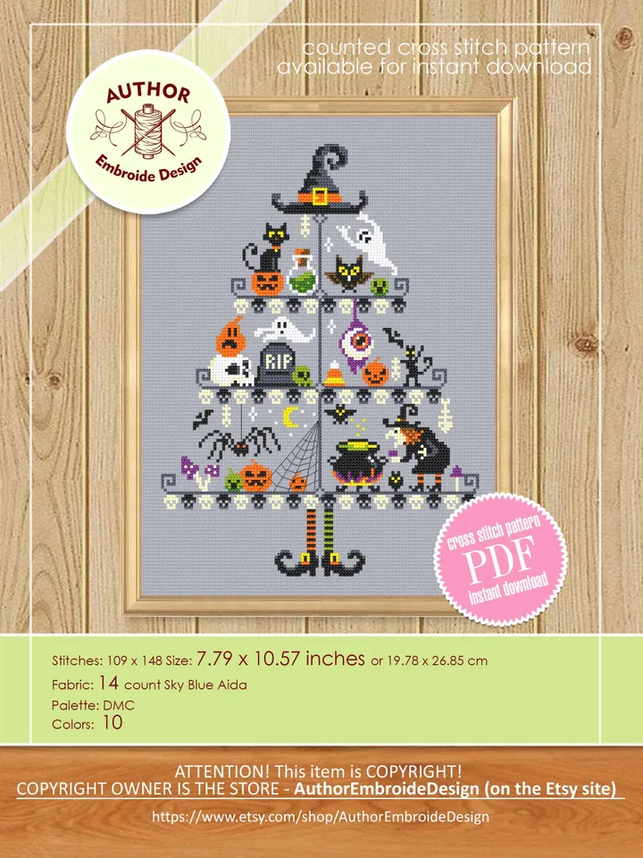 Halloween Christmas tree cross stitch pattern PDF download Witch cross stitch chart, Halloween pattern digital PDF Scary Christmas gift #H70