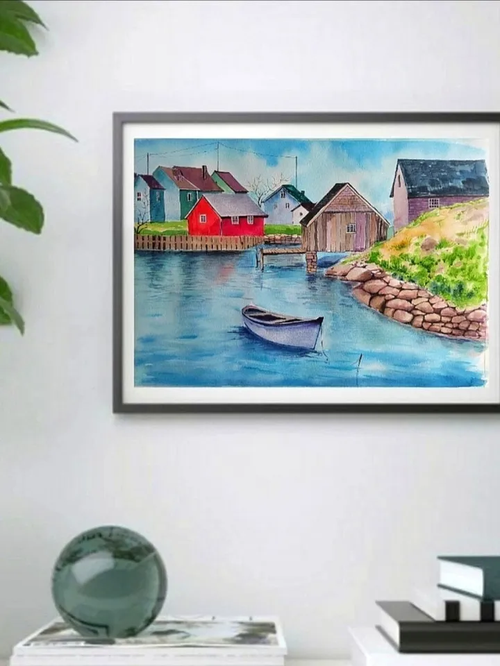Norwegian Village Painting Original Watercolor Art Scandinavian Landscape 11.8x15.7 in by Art Café
