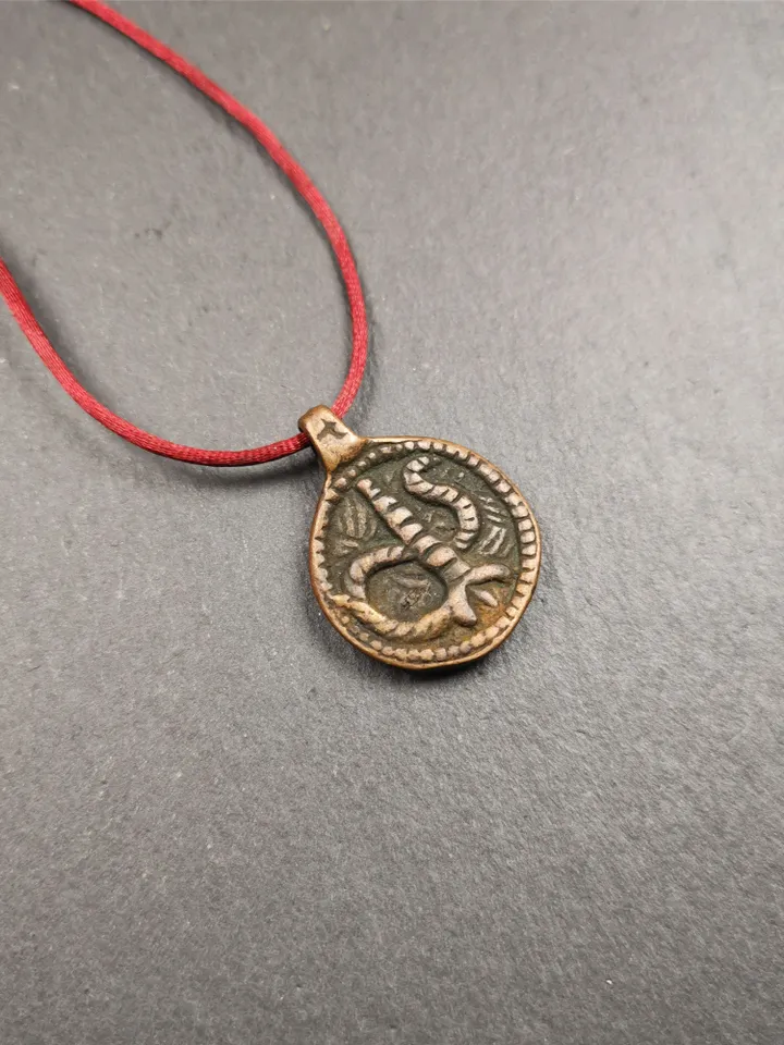 Gandhanra Handmade Tibetan Buddhist Amulet Pendant,Rod of Asclepius,Snake Stick, Made of Brass,0.87"