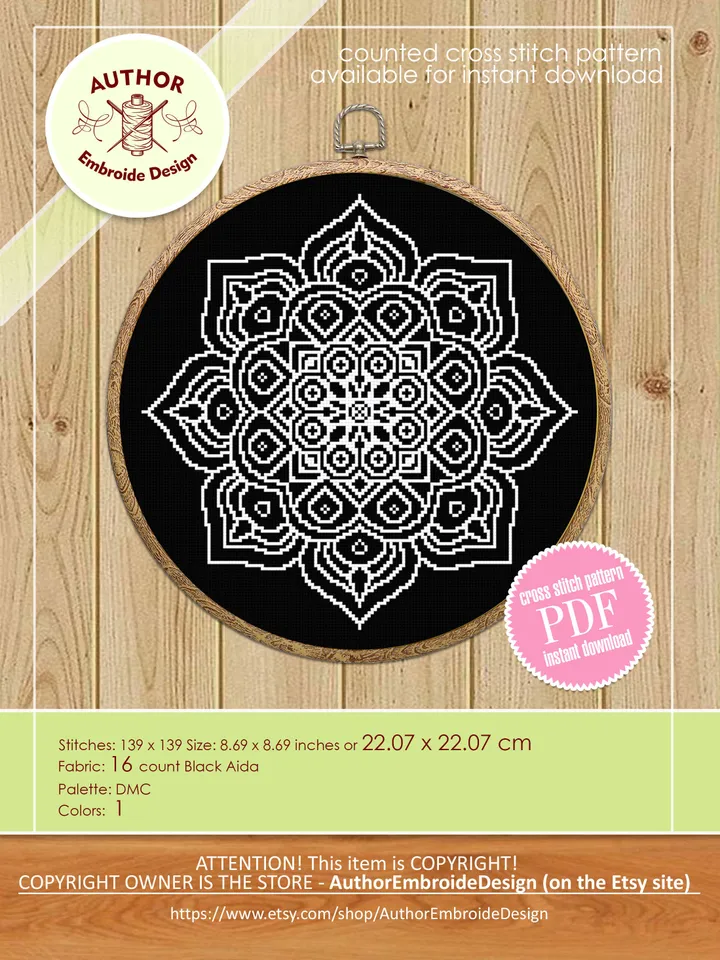 Easy mandala cross stitch pattern download PDF Modern mandala pattern digital PDF, Monochrome cross stitch chart Simple beginner stitch #M33